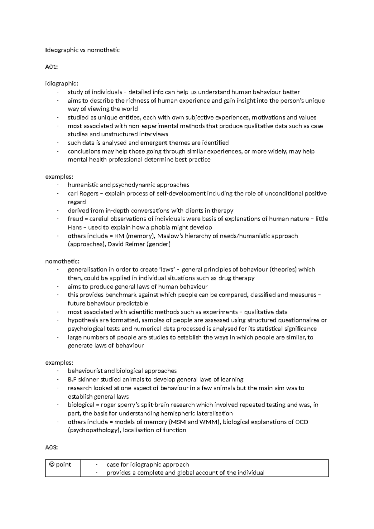 Ideographic vs nomothetic - Ideographic vs nomothetic A01: idiographic ...
