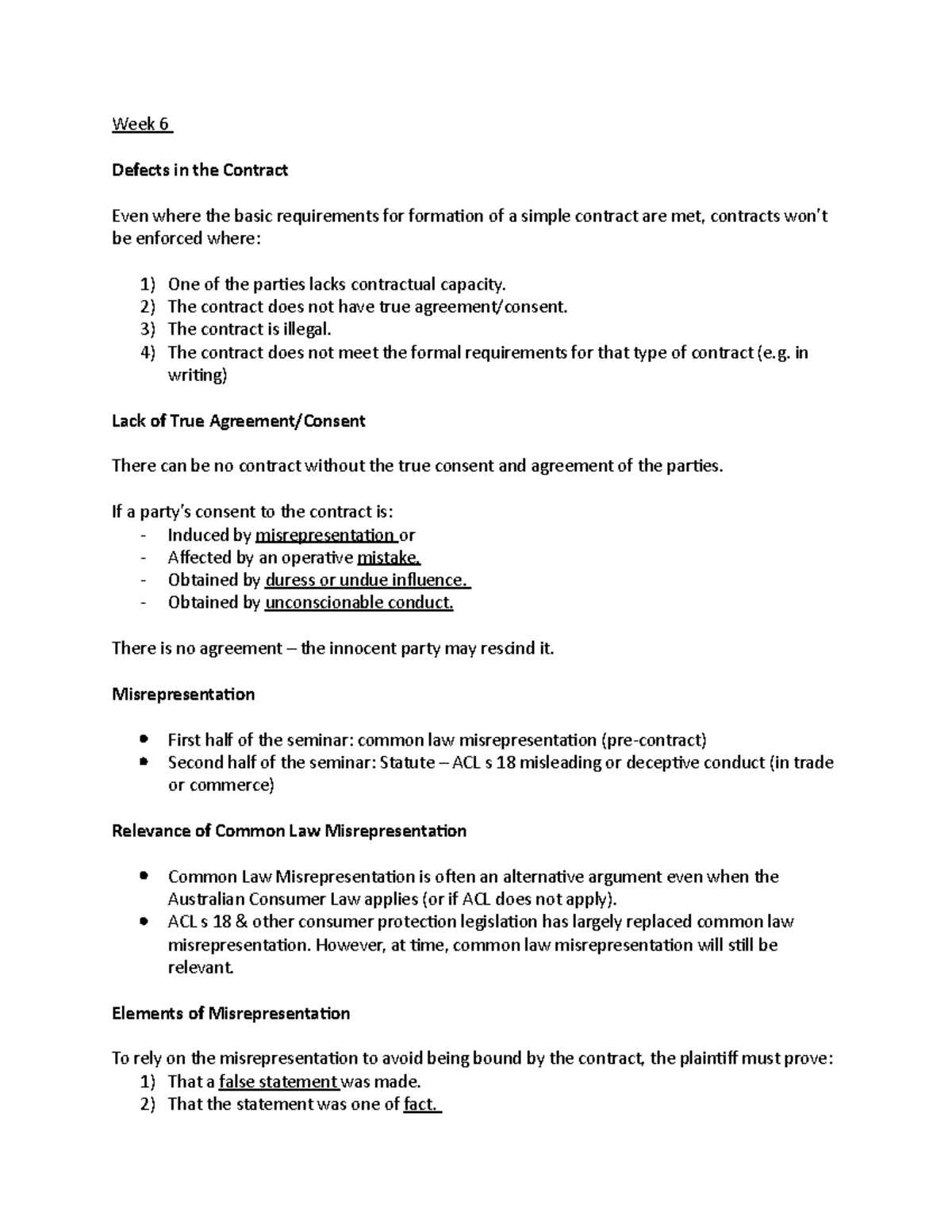 Week 6 Notes - Ling - Week 6 Defects in the Contract Even where the ...