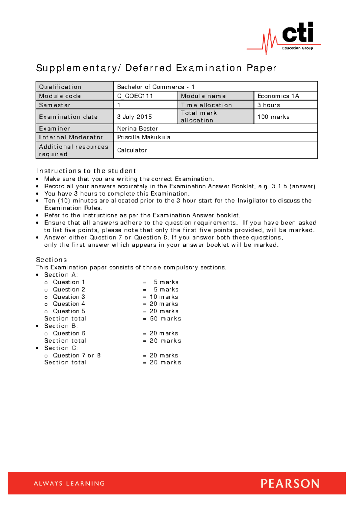 C COEC111 Supplementary Deferred Examination Paper (V1.0) 2015 ...