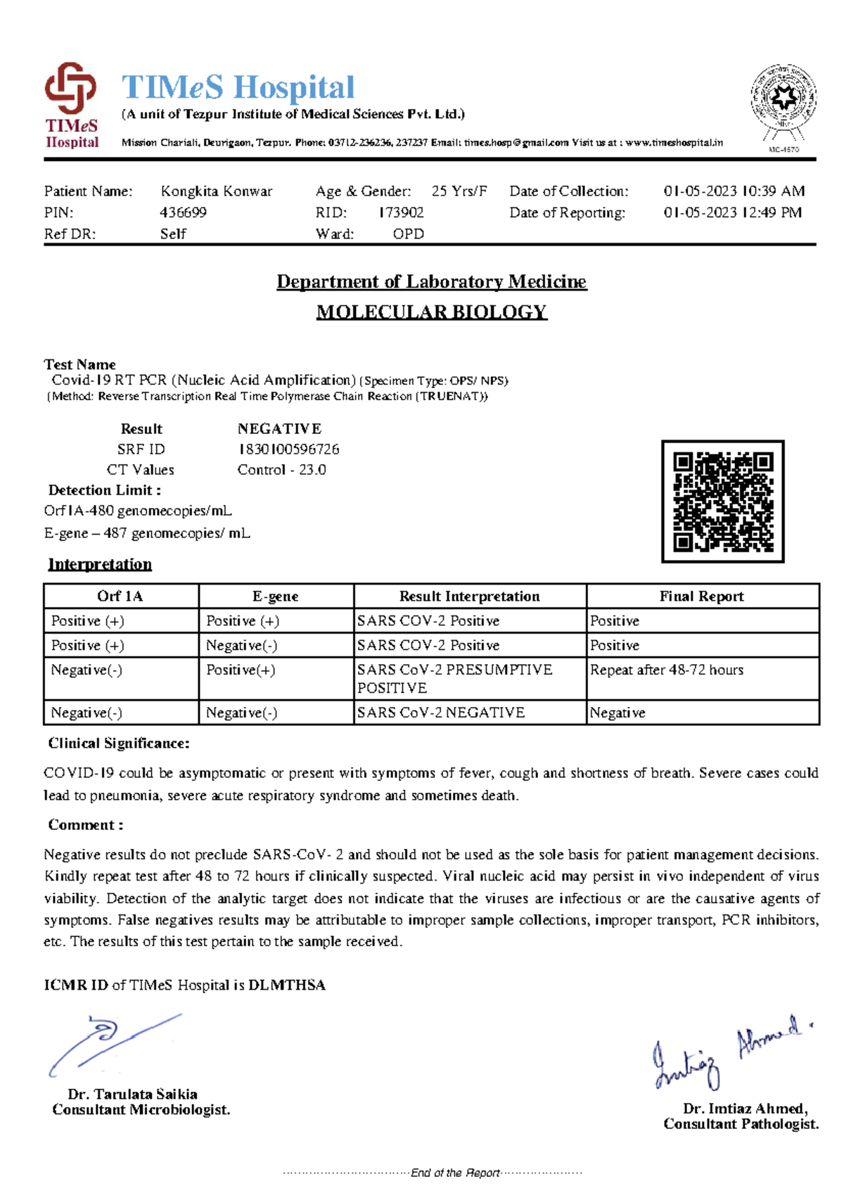 RT-PCR (1 May) - TIMeS Hospital (A unit of Tezpur Institute of Medical ...