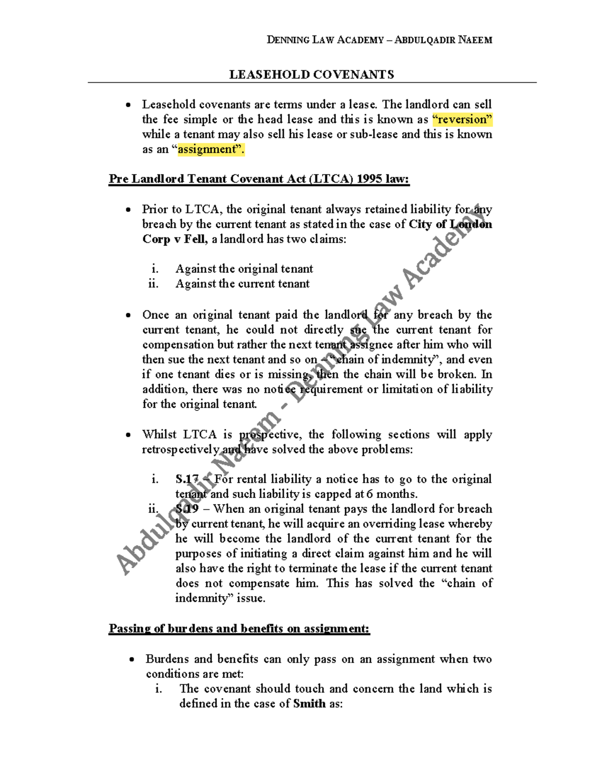 Property Law Leasehold Covenants DENNING LAW ACADEMY ABDULQADIR