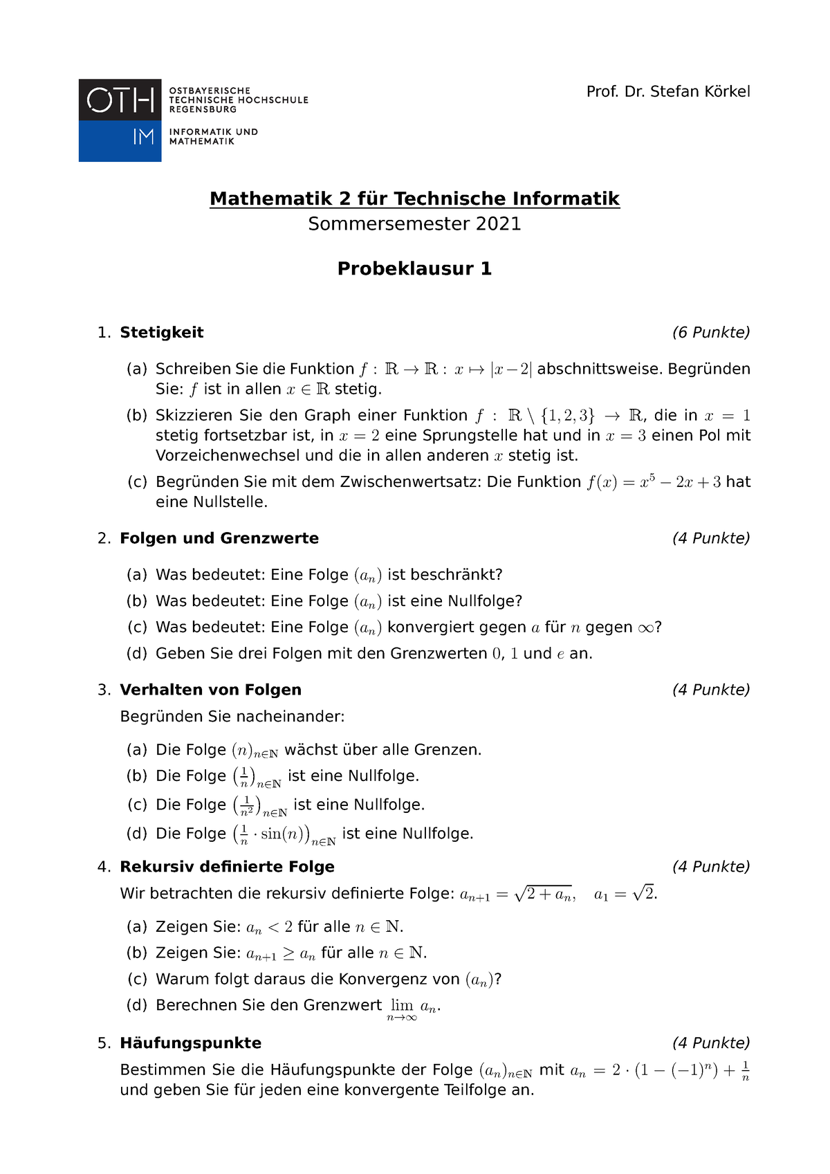 Probeklausur 1 - Prof. Dr. Stefan Körkel Mathematik 2 Für Technische ...