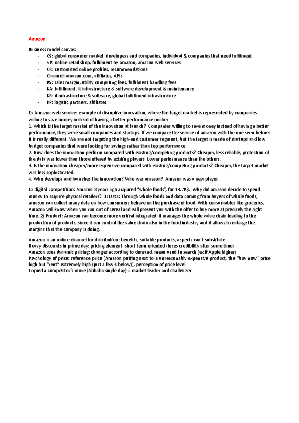 Case study Amazon - Amazon Business model canvas: - CS: global consumer ...