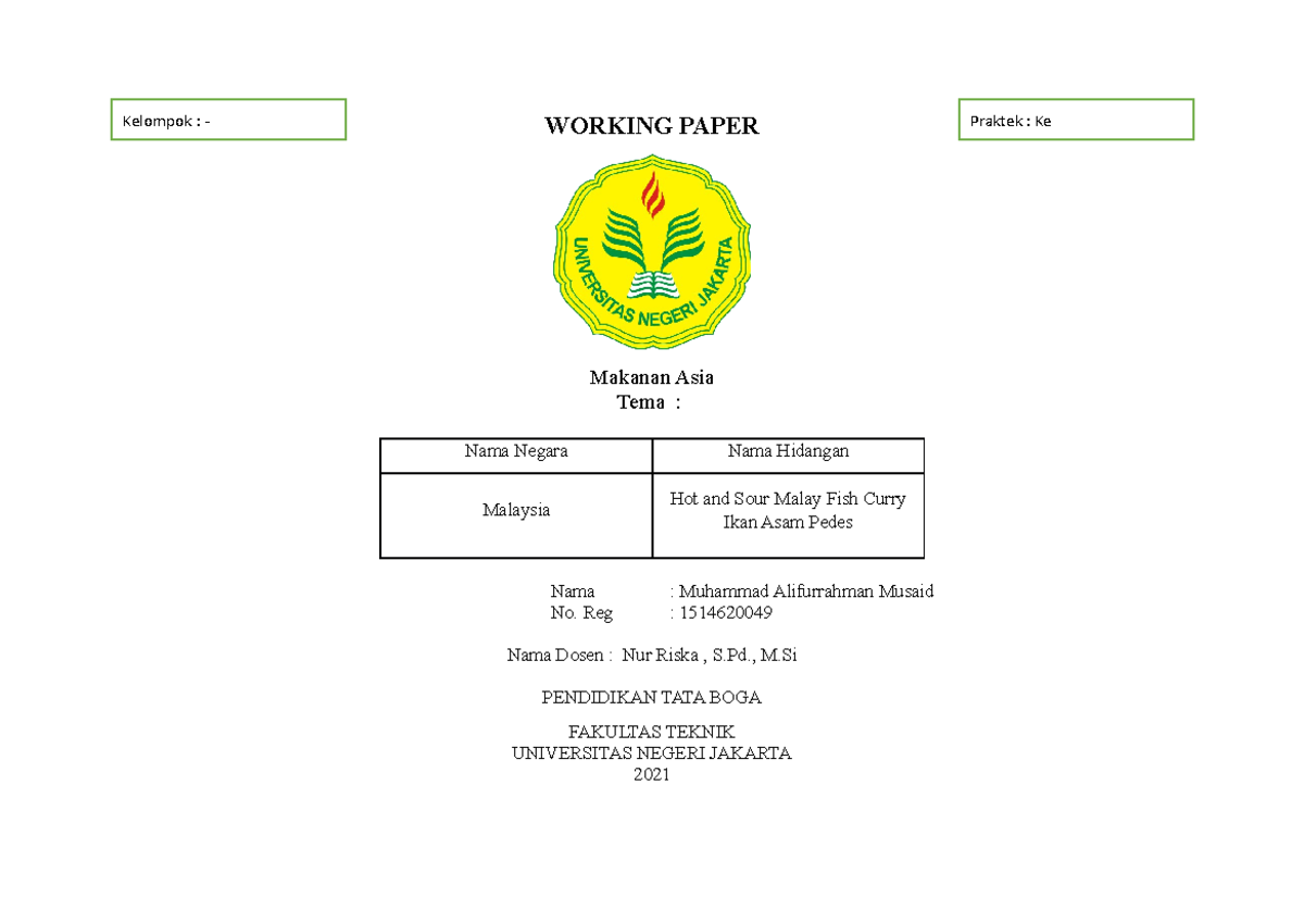 Working Paper 2 - WORKING PAPER Makanan Asia Tema : Nama Negara Nama ...