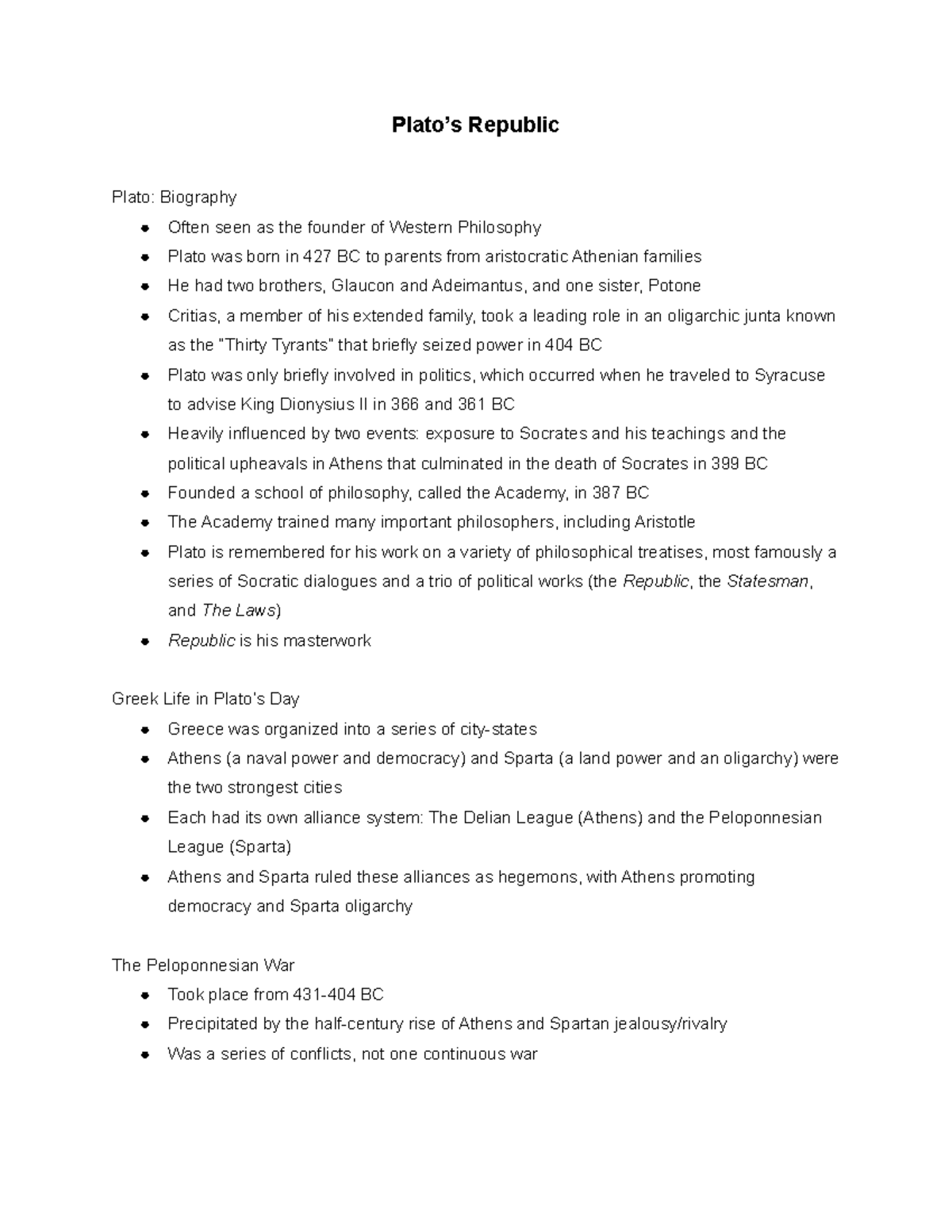 Lecture 2 - Plato’s Republic Plato: Biography Often seen as the founder ...