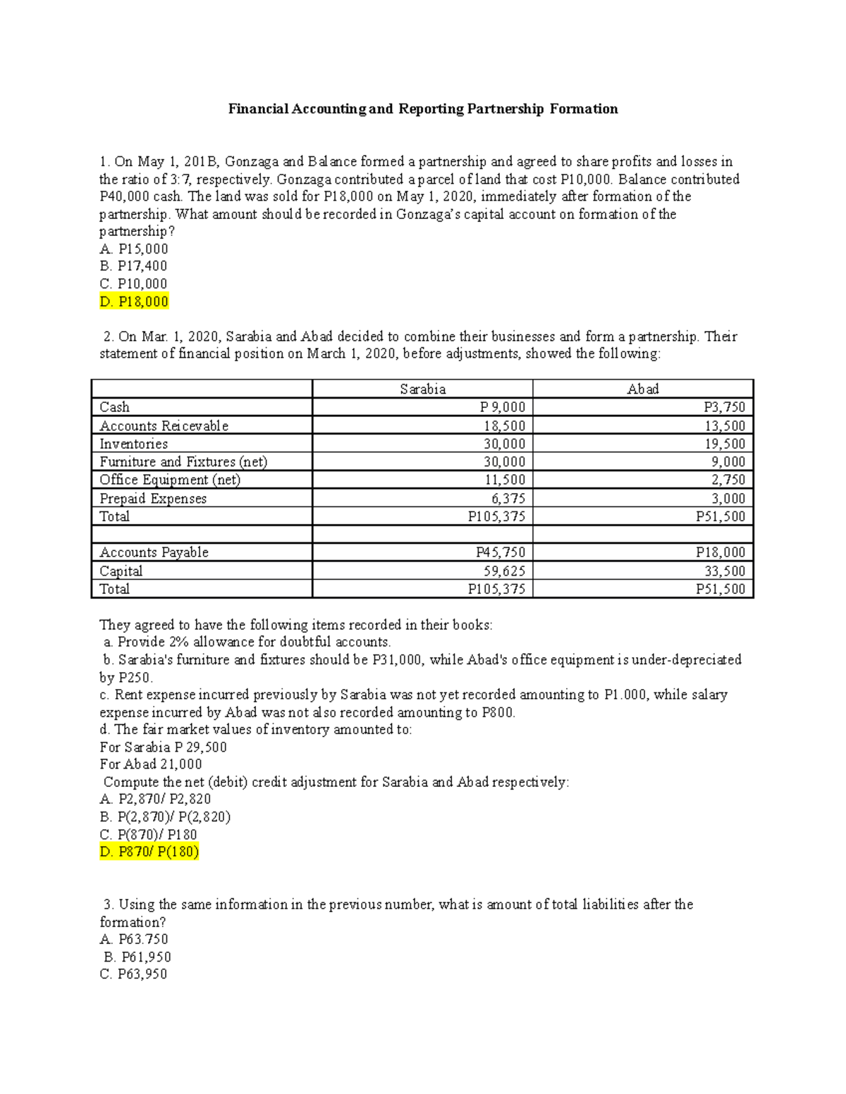 Partnership Formation Practice Set-1 - Financial Accounting And ...