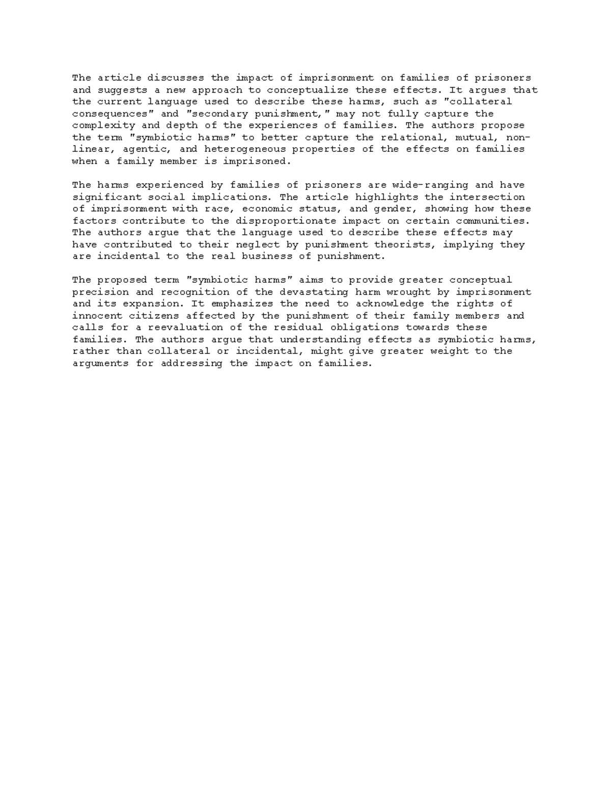 Summarized - Hhhhh - The article discusses the impact of imprisonment ...