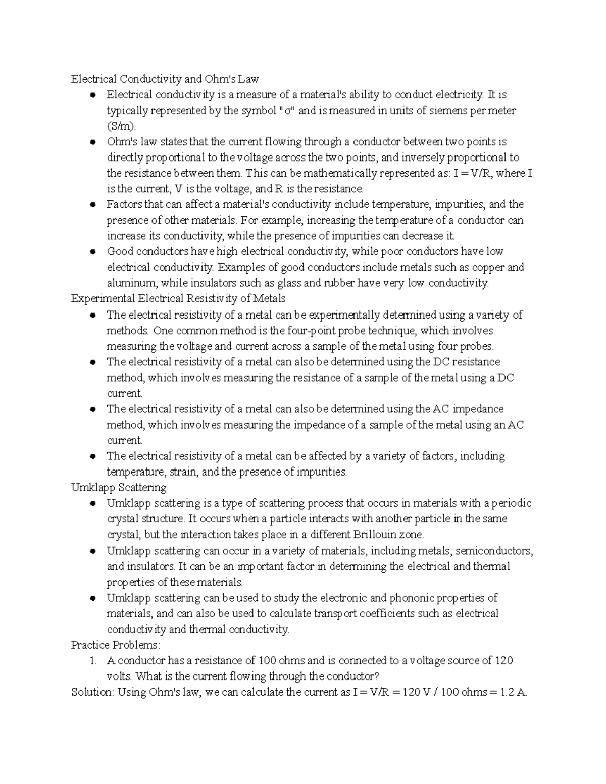 Chapter 8.2 Notes Electrical Conductivity and Ohm's Law Electrical