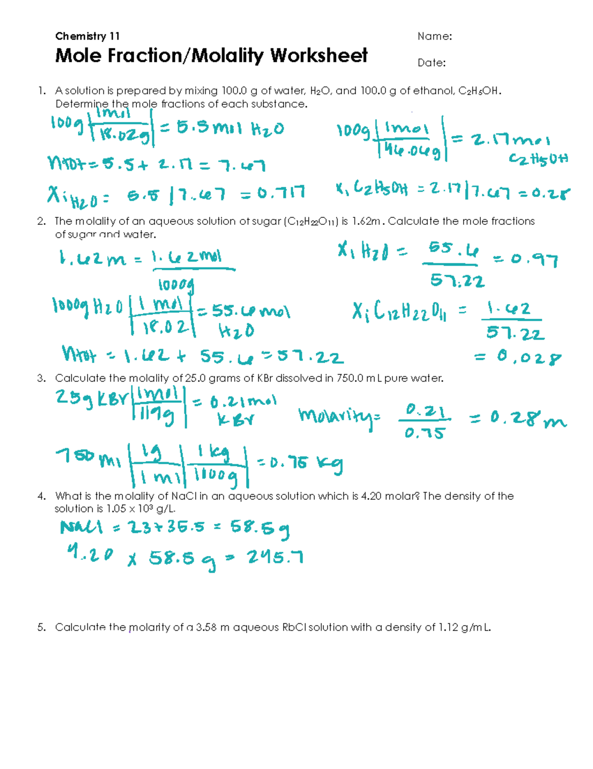 Soln 1 Ws2 Molefraction Molality Key Chemistry 11 Mole Fraction Molality Worksheet Name Date 