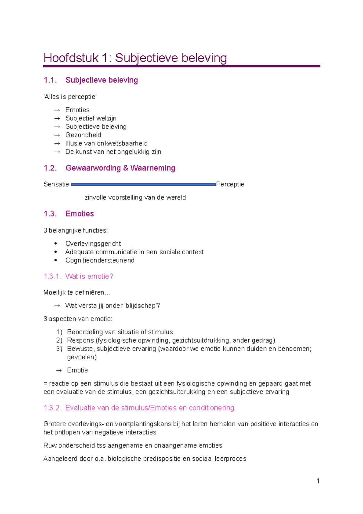 Samenvatting Life Events Hoofdstuk 1 Subjectieve Beleving 1