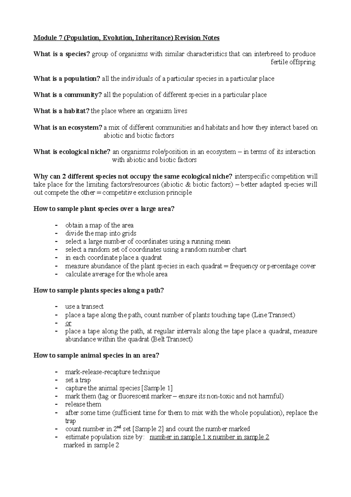 AQA Module 7 Revision Notes - Module 7 (Population, Evolution ...