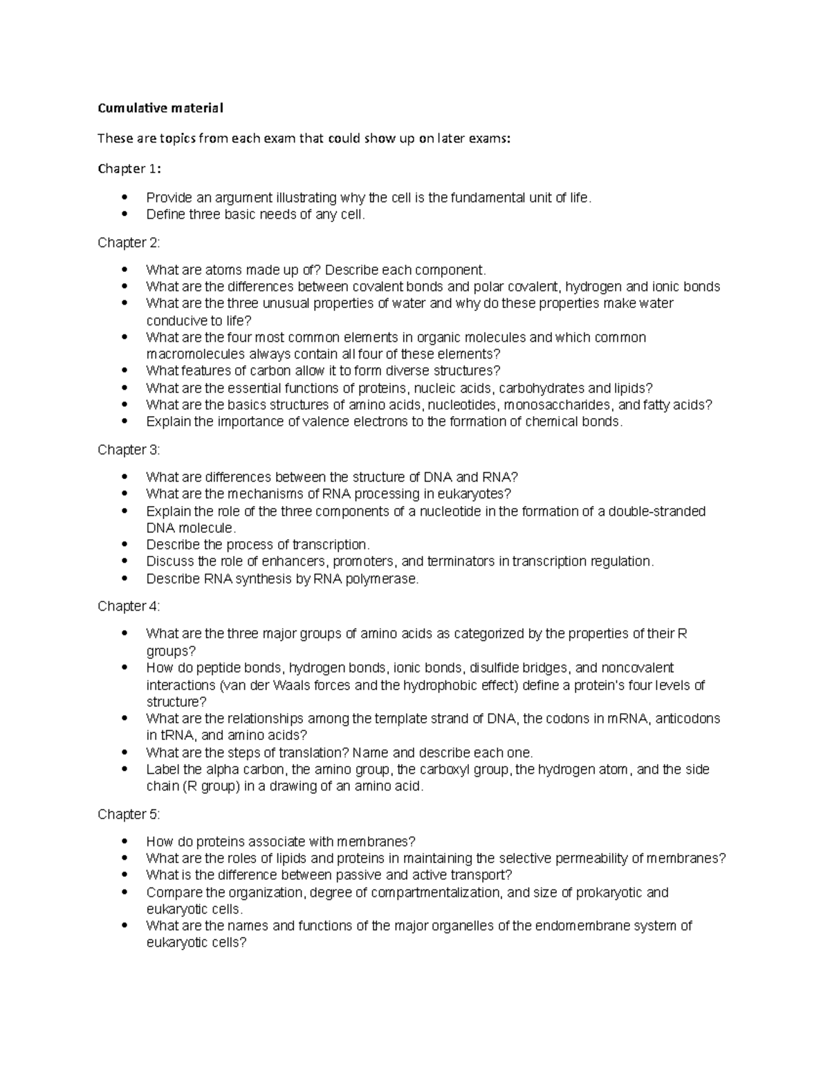 Cumulative questions - Cumulative material These are topics from each ...