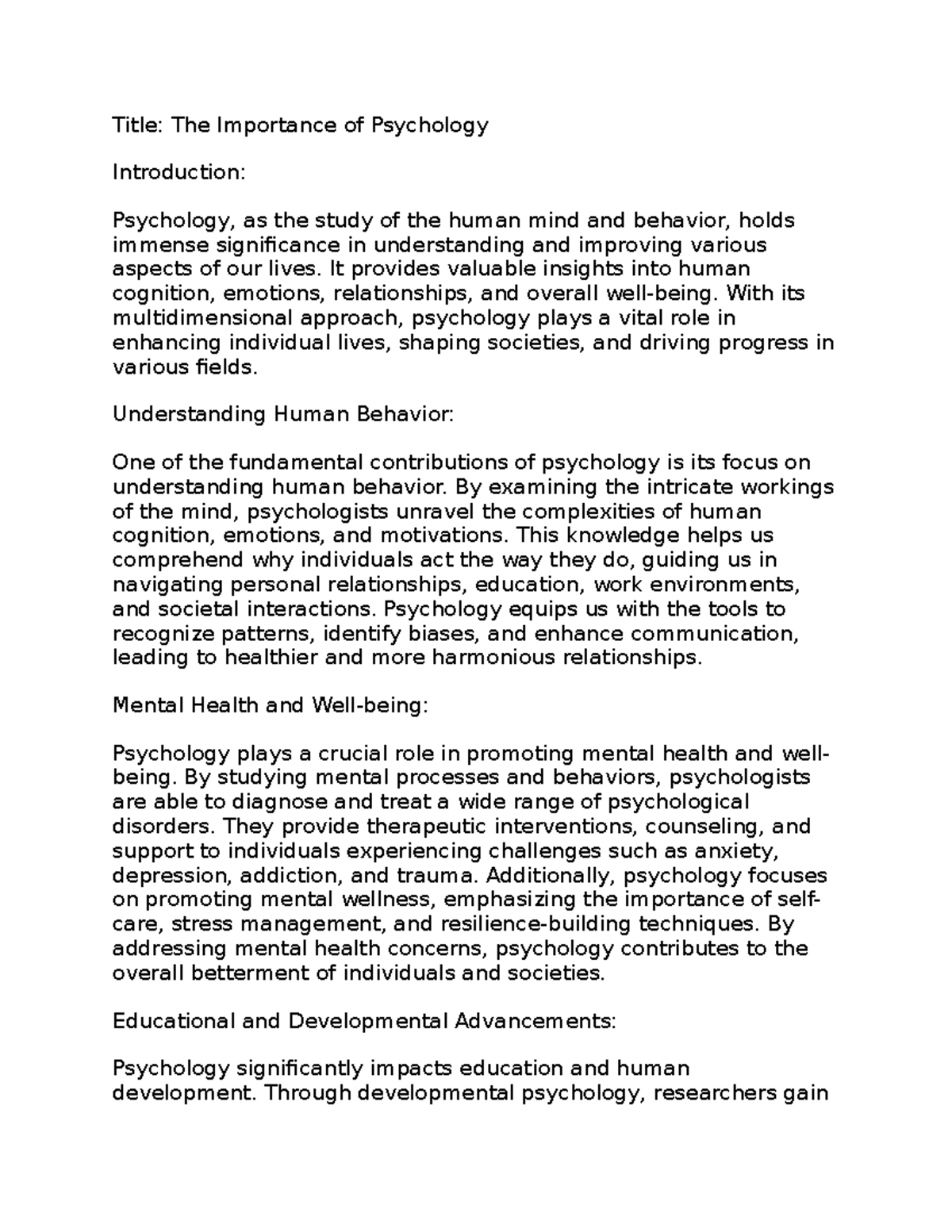importance of psychology - Title: The Importance of Psychology ...