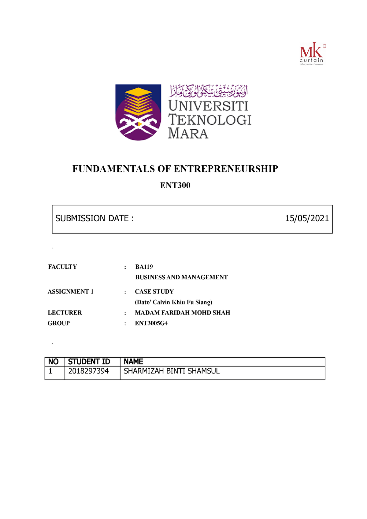Fundamentals Of Entrepreneurship Case Study Number 1 Fundamentals Of Entrepreneurship Ent Faculty Studocu