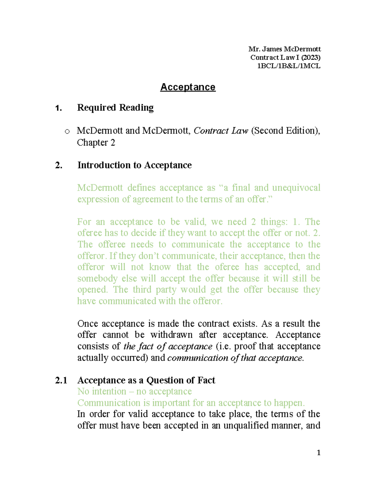 Contract Law 2023 Topic 2 Acceptance - Mr. James McDermott Contract Law ...