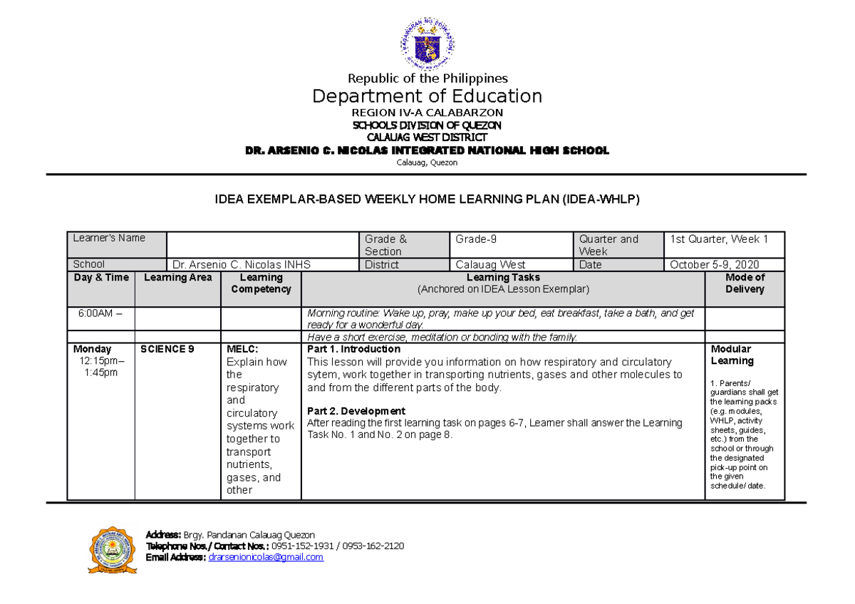 SCI 9- October 5-9, 2020 W1 - Republic of the Philippines Department of ...