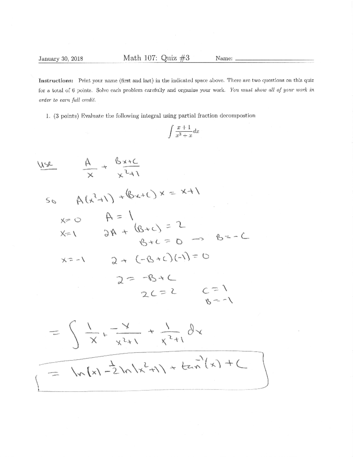 Quiz 3 solutions - January 30, 2018 Math 1072 Quiz #3 Name ...