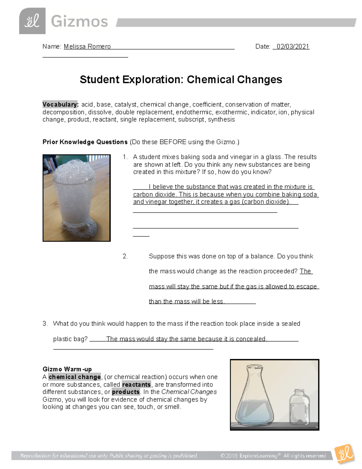 Chemical Change Gizmo Answer Key - Solved Laboratory ...