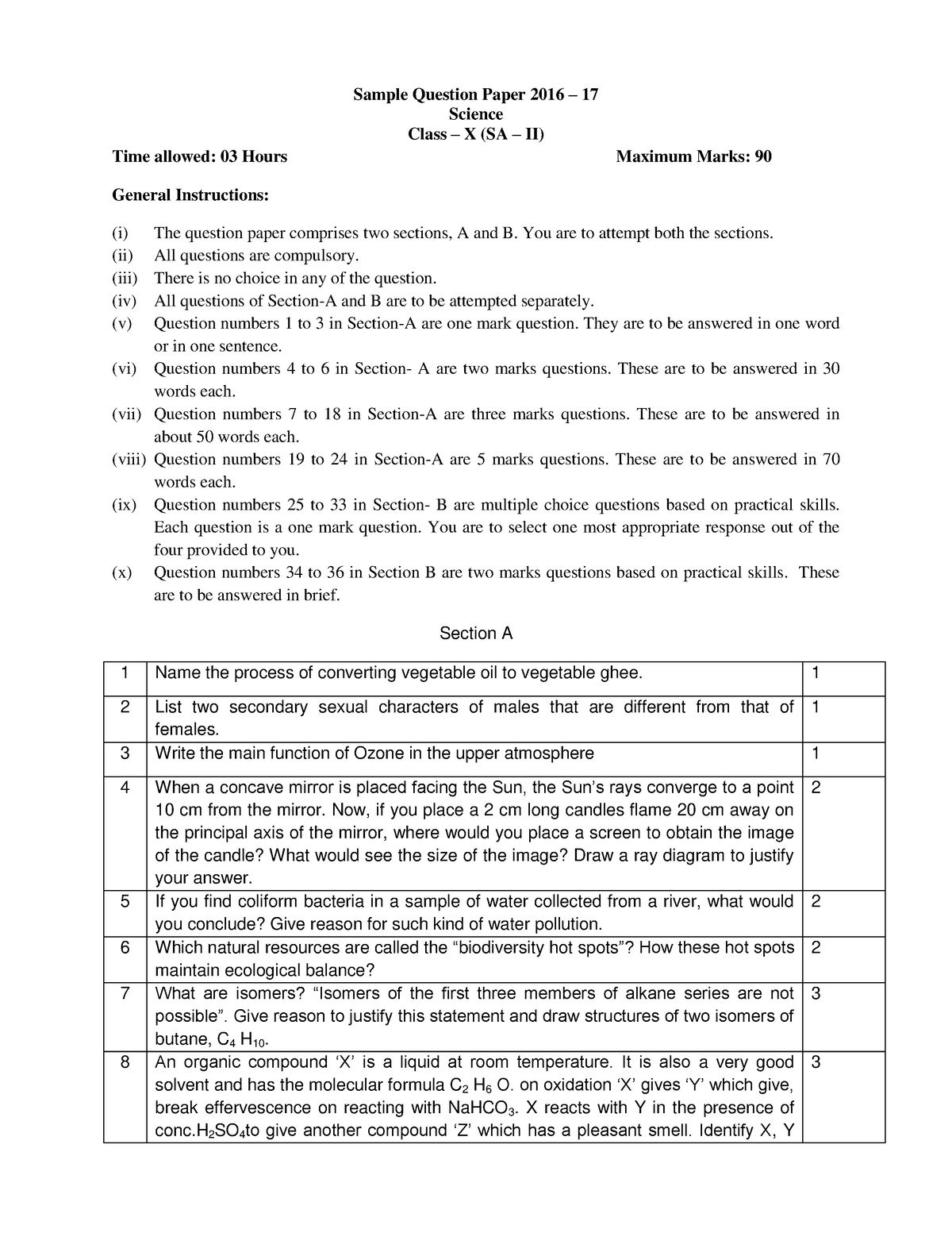 Science Sample Question Paper 2016 17 - Sample Question Paper 2016 – 17 ...