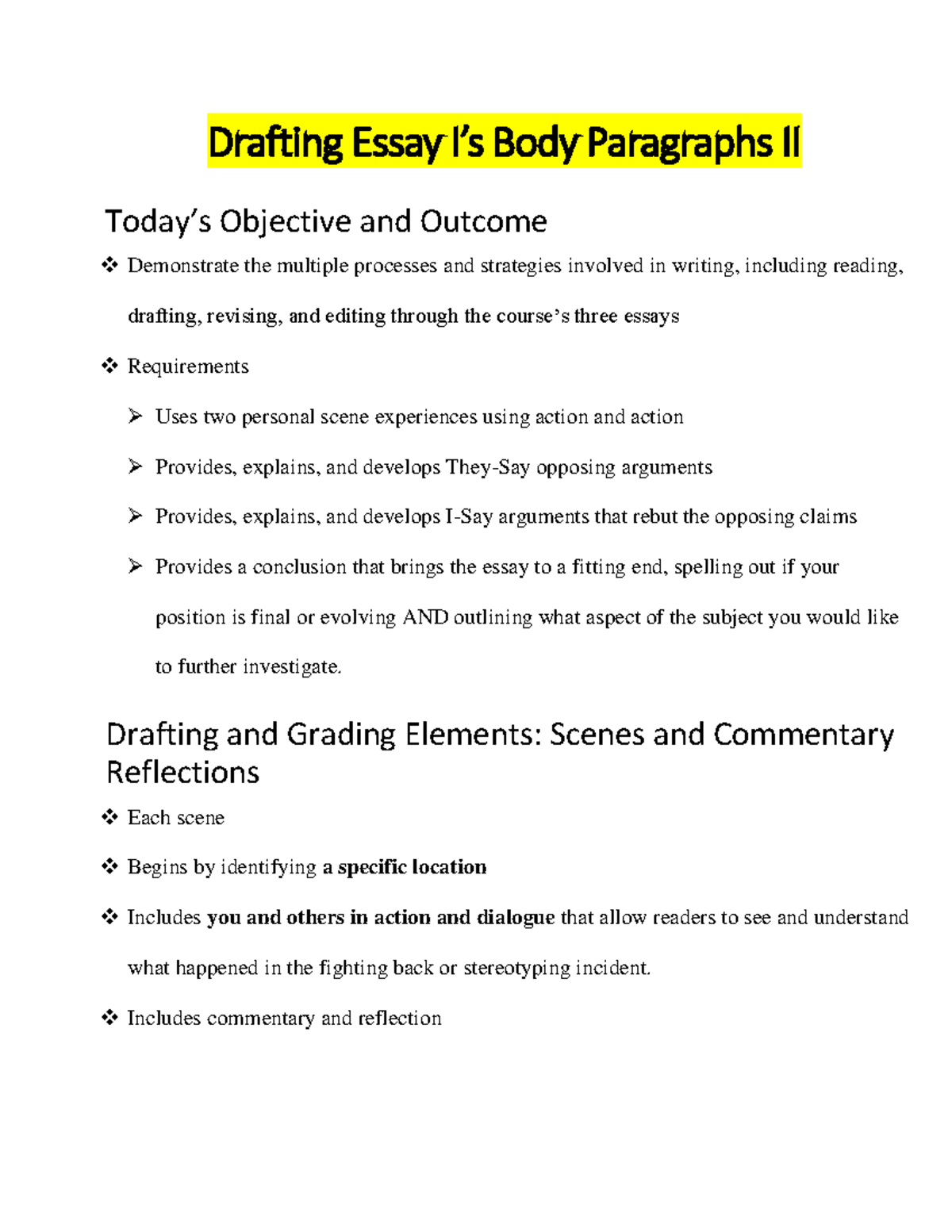 Drafting Essay I's Body Paragraphs II - Drafting Essay I’s Body ...