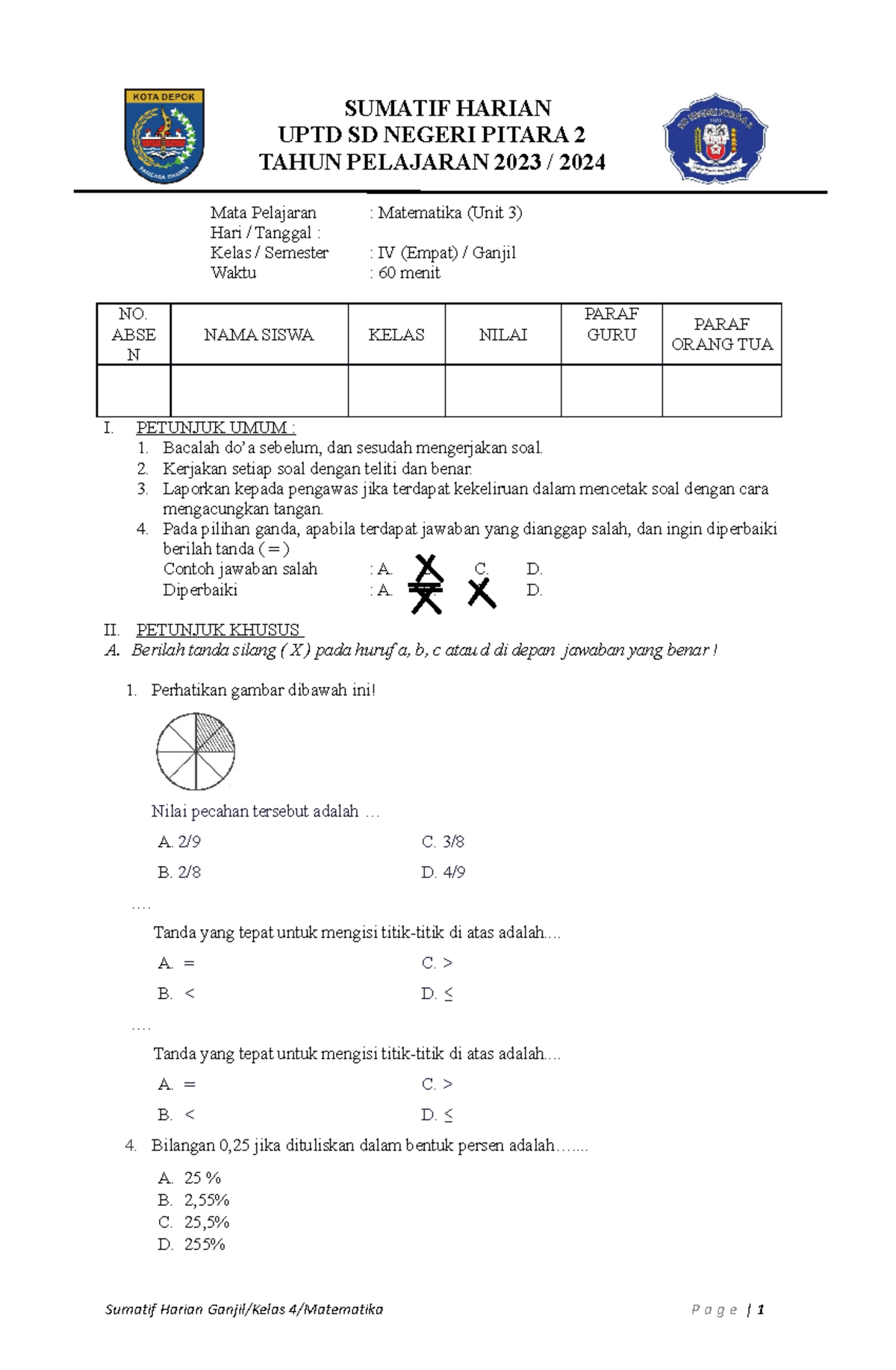 Sumatif Harian Matematika KELAS 4 SD UNIT 3 - SUMATIF HARIAN UPTD SD ...