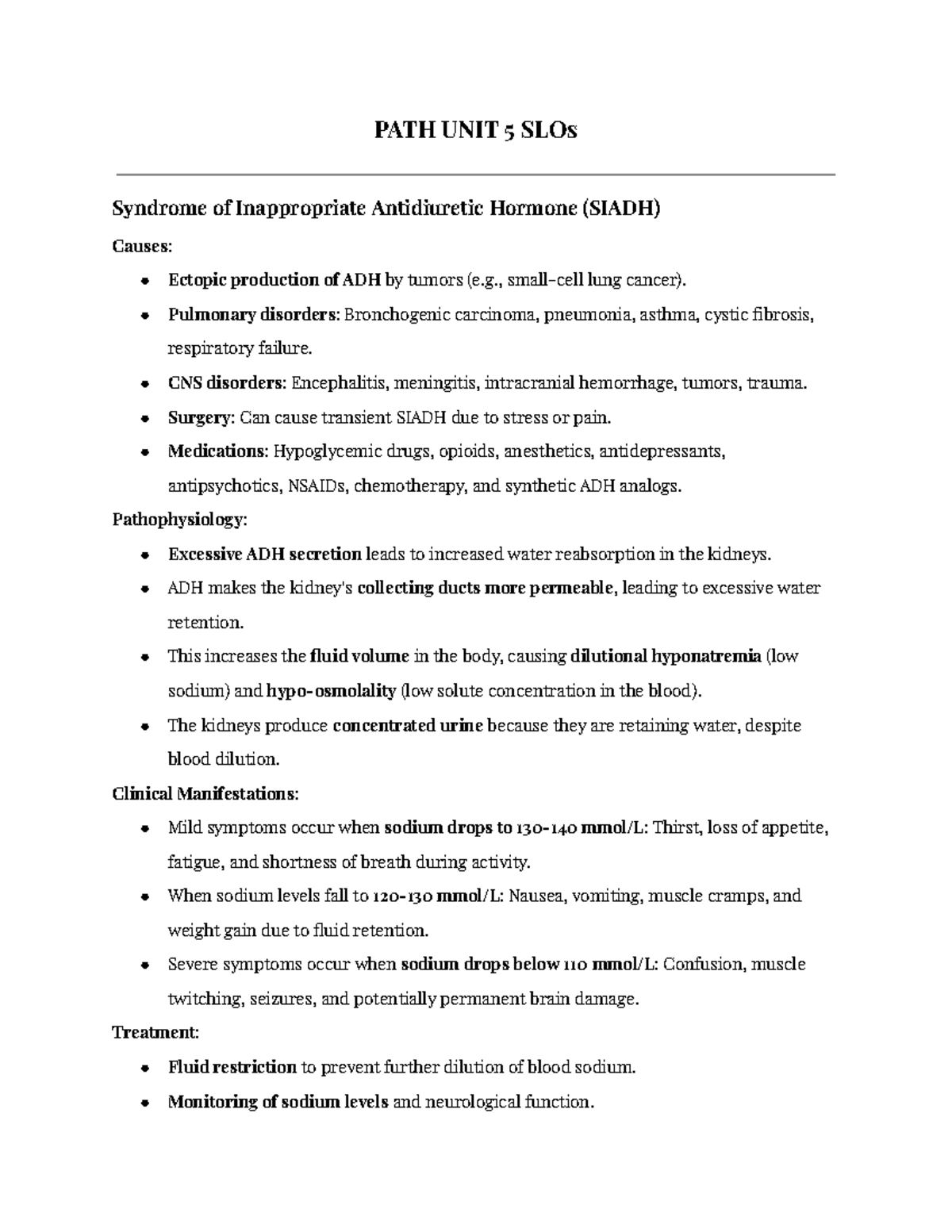 PATH UNIT 5 SLOs - notes - PATH UNIT 5 SLOs Syndrome of Inappropriate ...