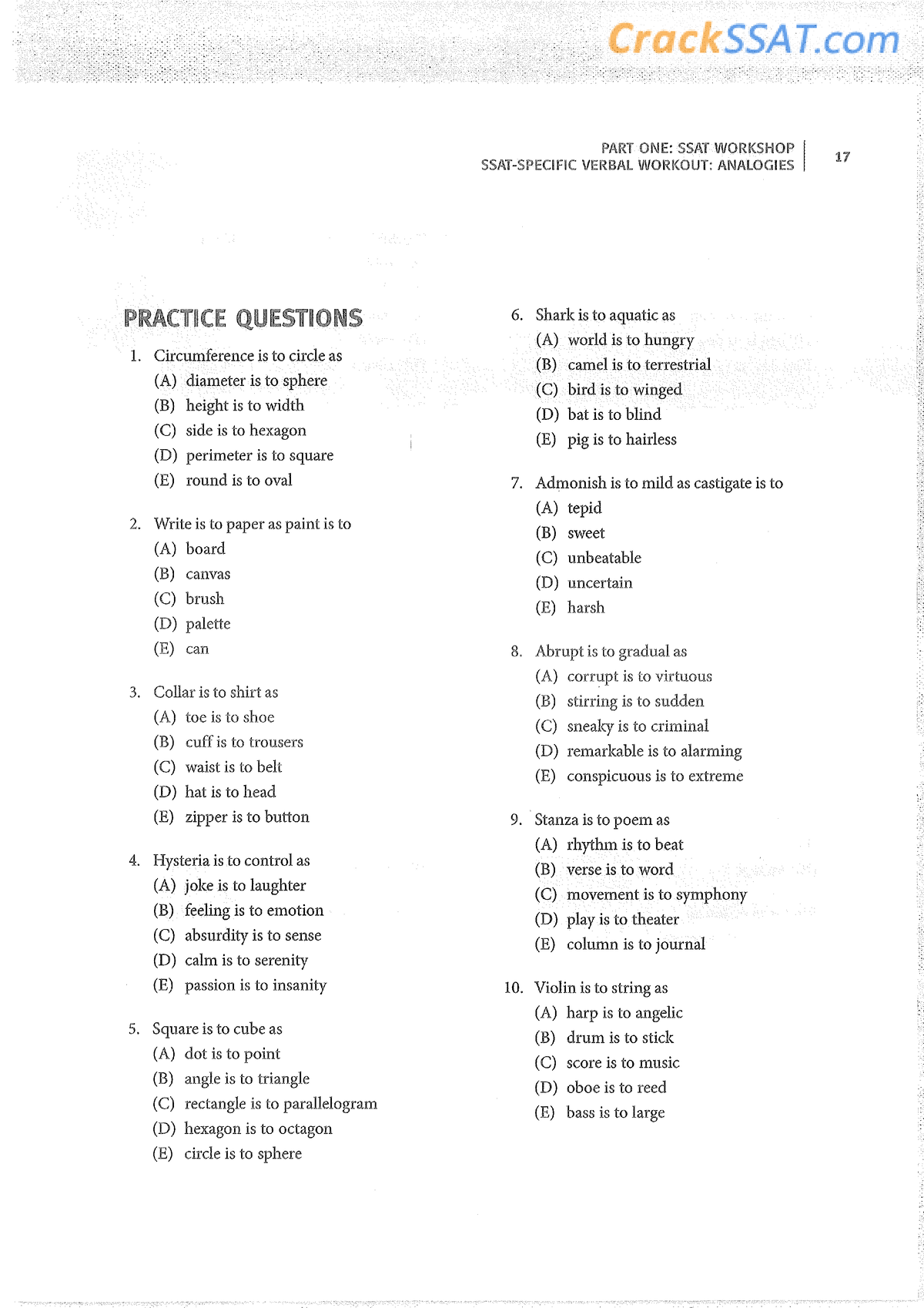 SSAT Analogies Practice Test - Copy - Introduction To Computing - Studocu