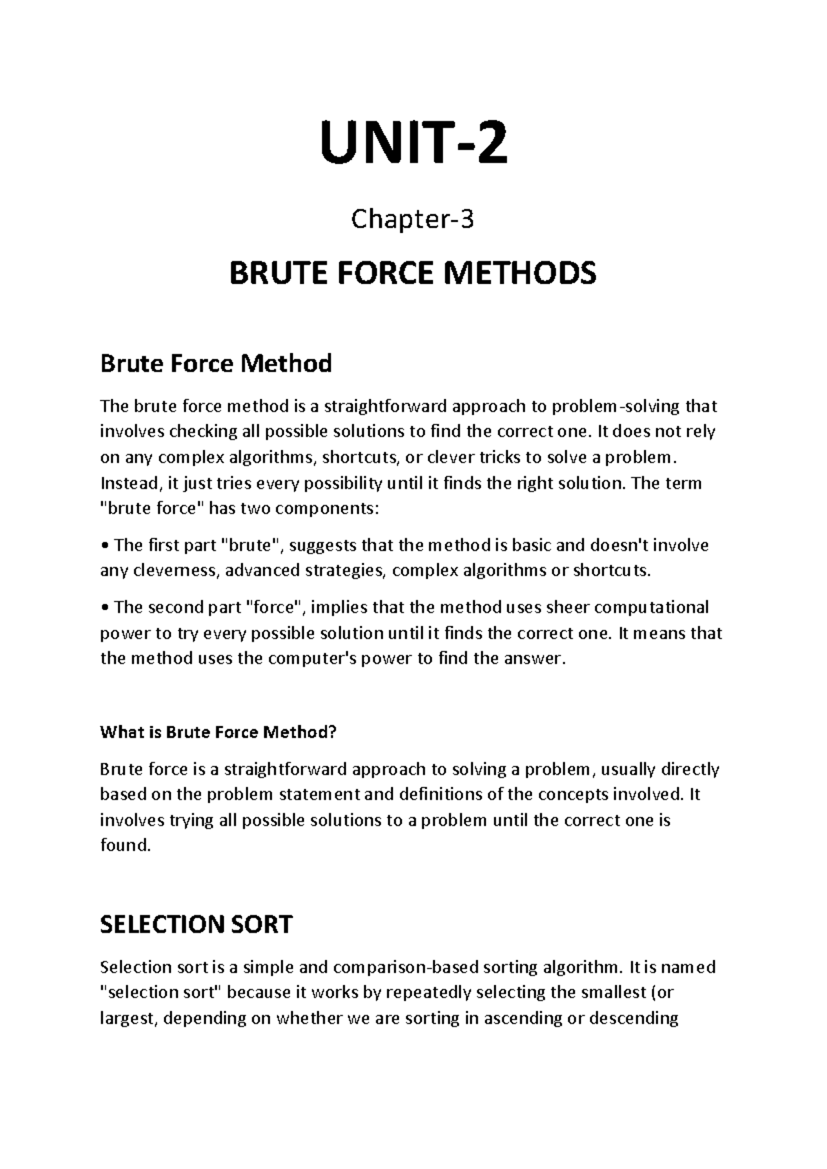 ADA UNIT 2 Chapter 3 - UNIT- 2 Chapter- 3 BRUTE FORCE METHODS Brute ...