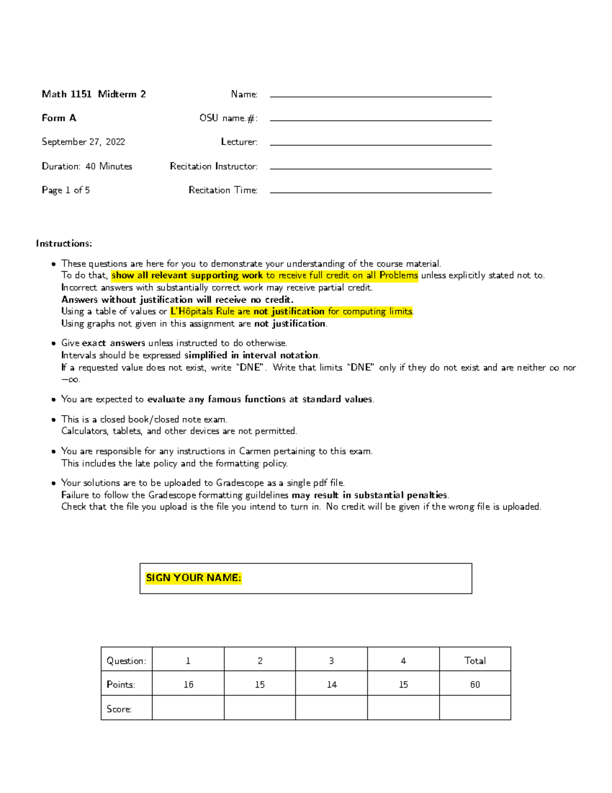 1151M2Form A Au22 - course outline and the course content - Math 1151 ...