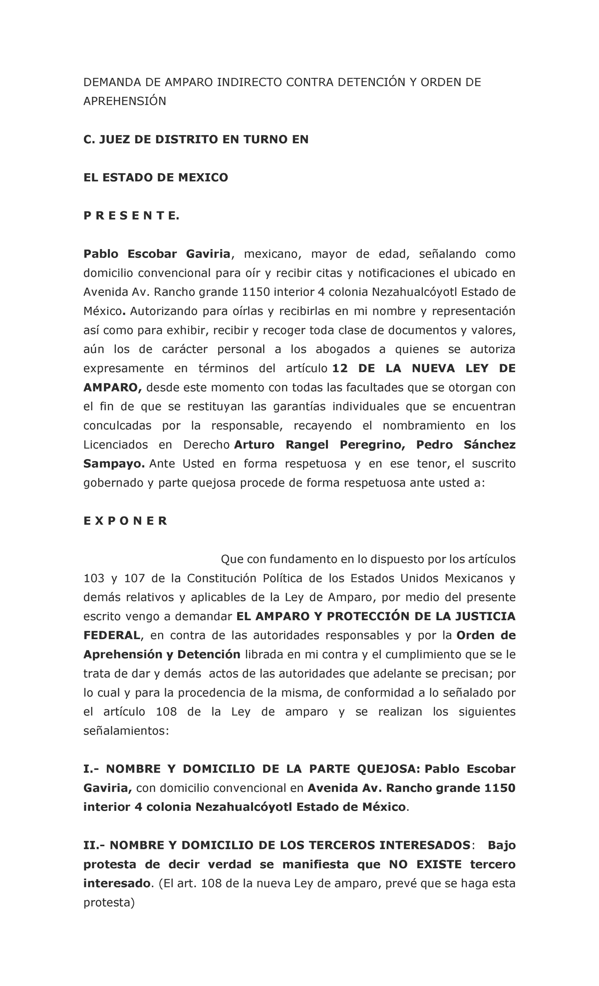 Demanda DE Amparo Indirecto Contra Detención Y Orden DE Aprehensión -  Warning: TT: undefined - Studocu