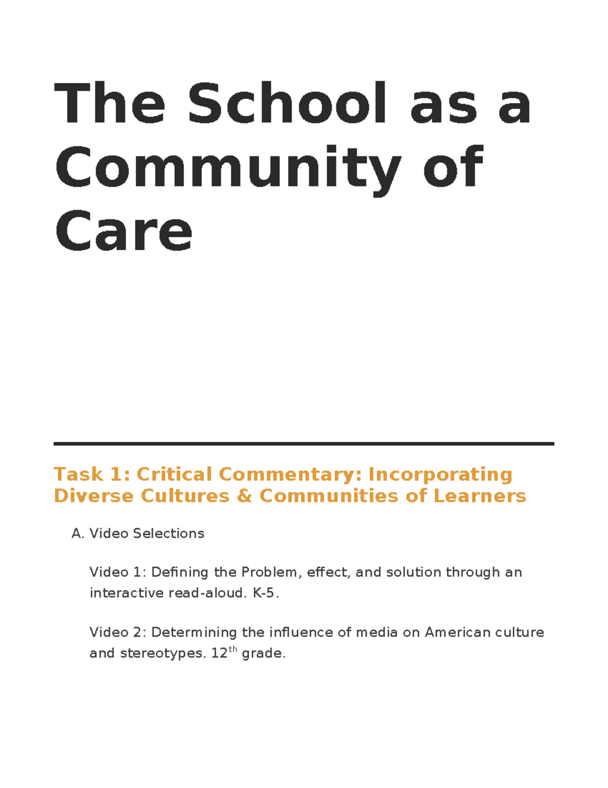 Task 1 D090 Final Draft Copy 2 - The School As A Community Of Care Task ...