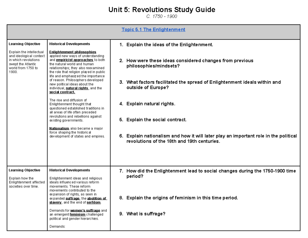 Ap World History Unit 5 Study Guide - Unit 5: Revolutions Study Guide C 