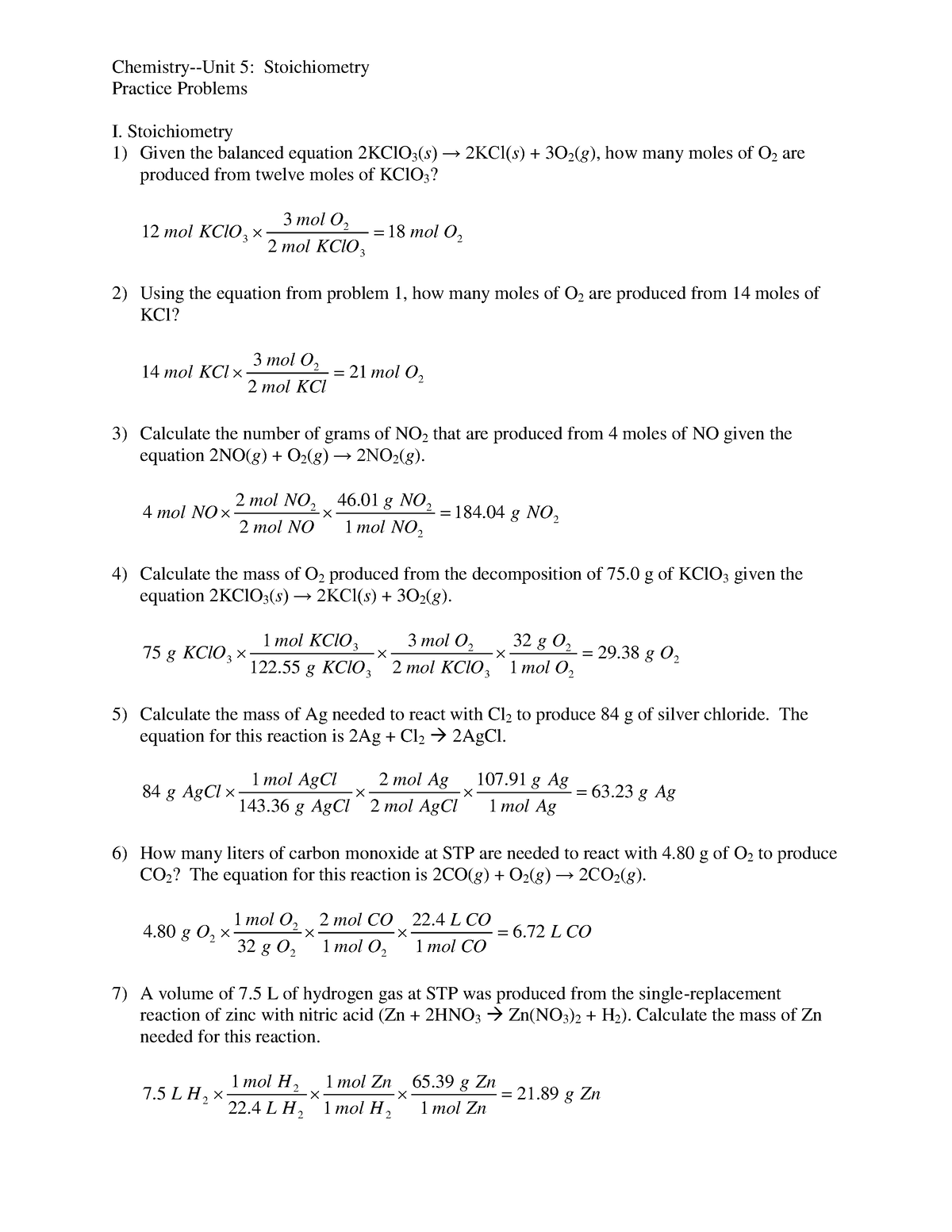 Stoichiom - Grade 12 - Practice Problems I. Stoichiometry Given the ...