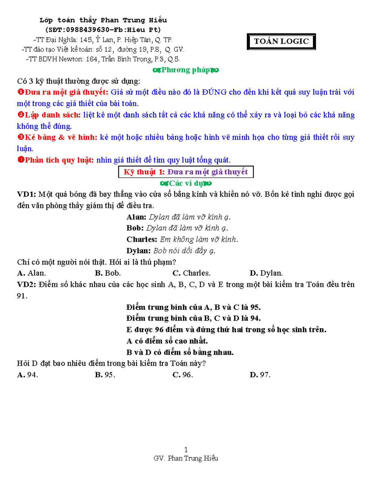Toan logic Ky thuat 1 HS Toán Cap Cấp 1 GV. Phan Trung Hiếu Lớp