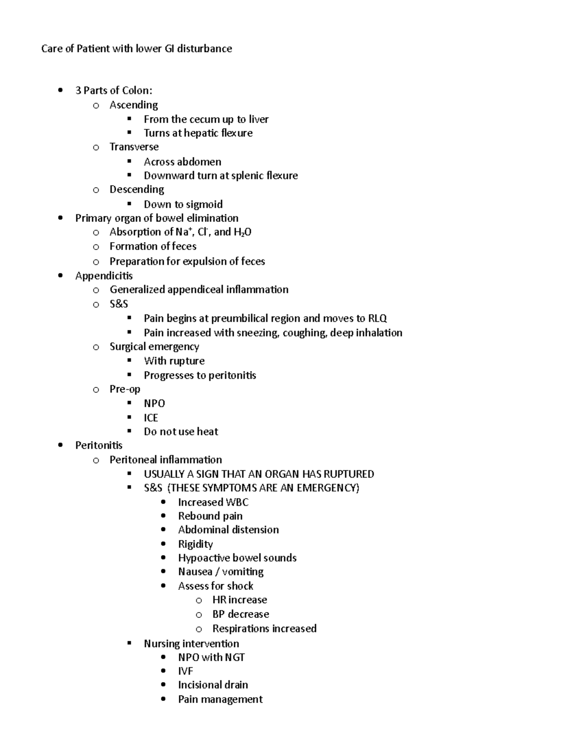 Lower GI - Care of Patient with lower GI disturbance 3 Parts of Colon ...