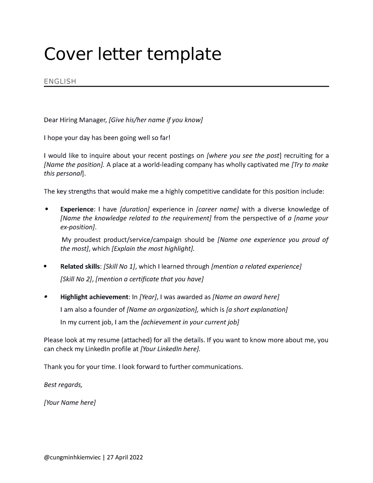 Cover Letter Templates - Cover letter template ENGLISH Dear Hiring ...