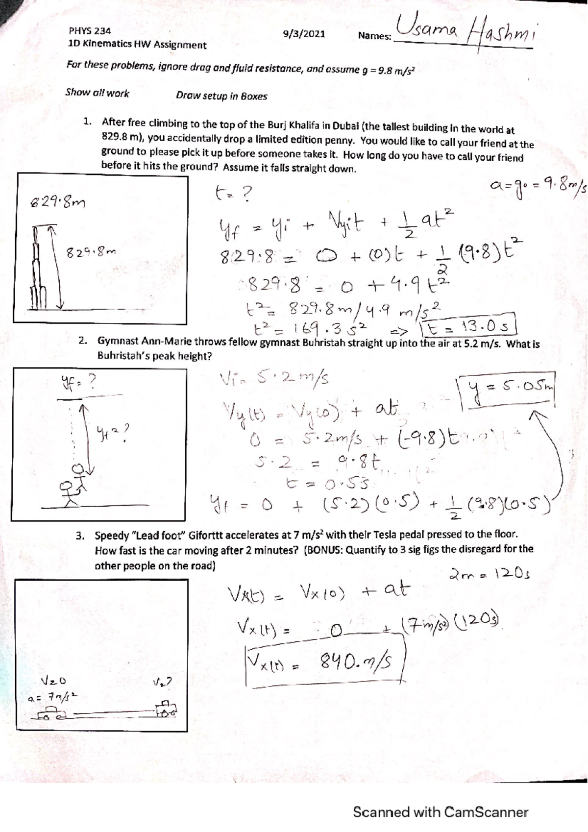 1D Kinematics HW - PHYS 234 - SCSU - Studocu