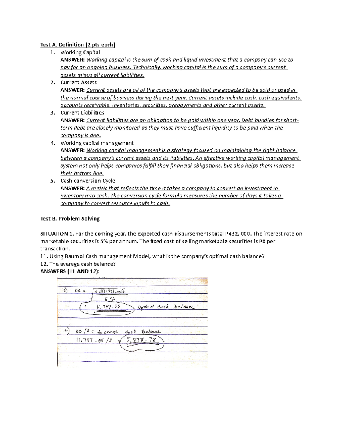 Financial management Test A. Definition (2 pts each) 1. Working