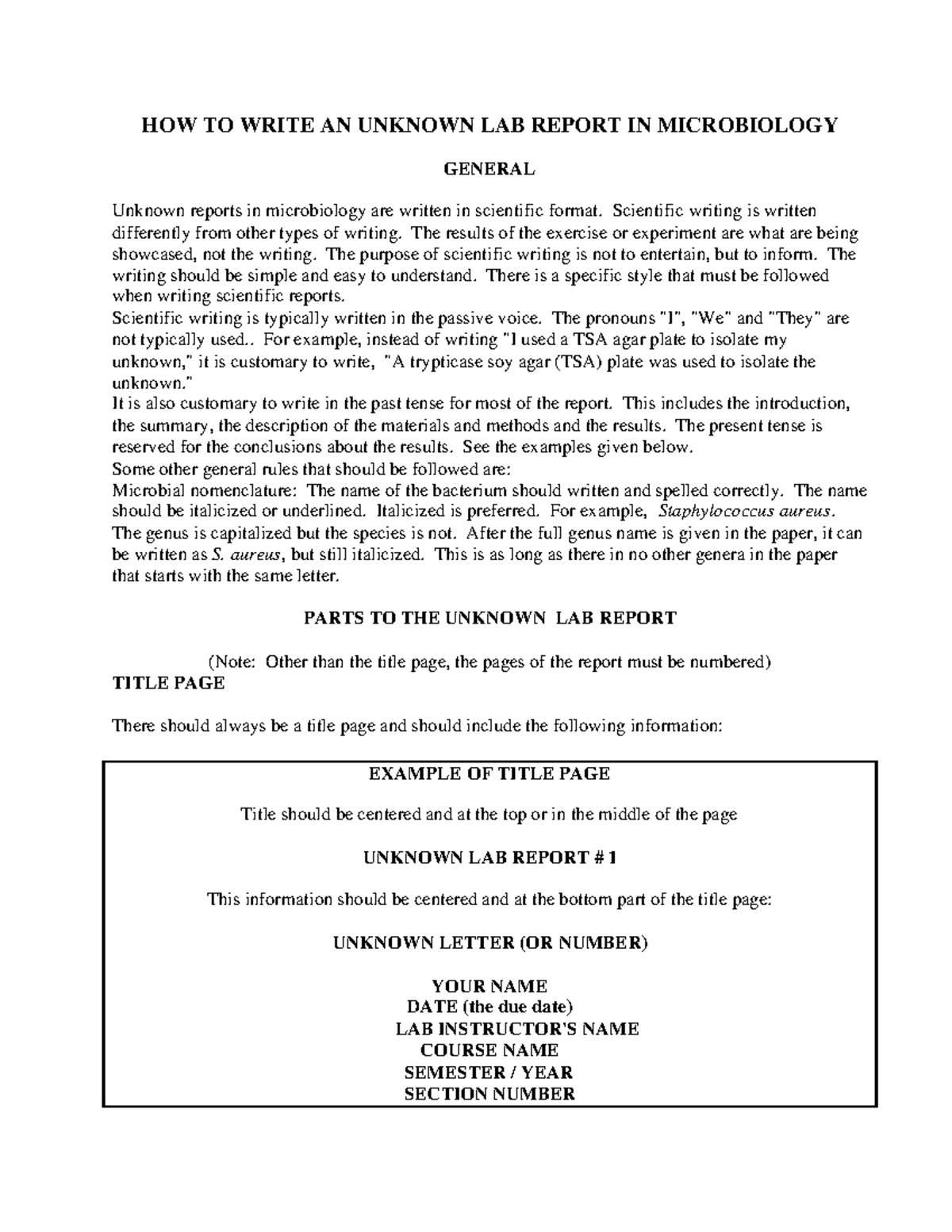 Unknown LAB Report HOW TO WRITE AN UNKNOWN LAB REPORT IN MICROBIOLOGY