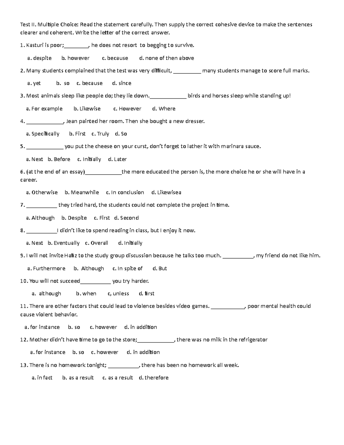 Test II 3 qrt week 3 - Test II. Multiple Choice: Read the statement ...