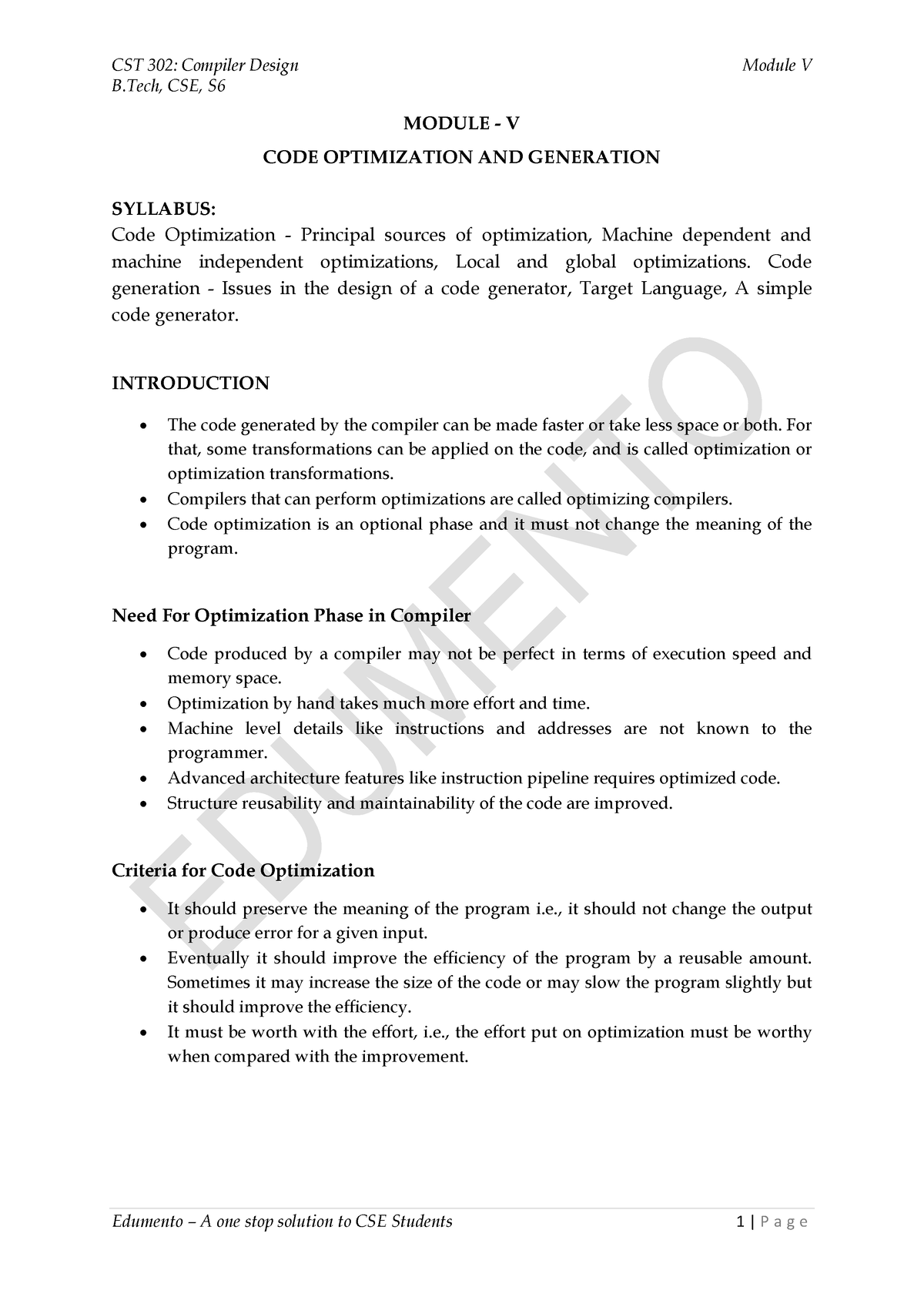 Module 5 - Notes - B, CSE, S MODULE - V CODE OPTIMIZATION AND ...