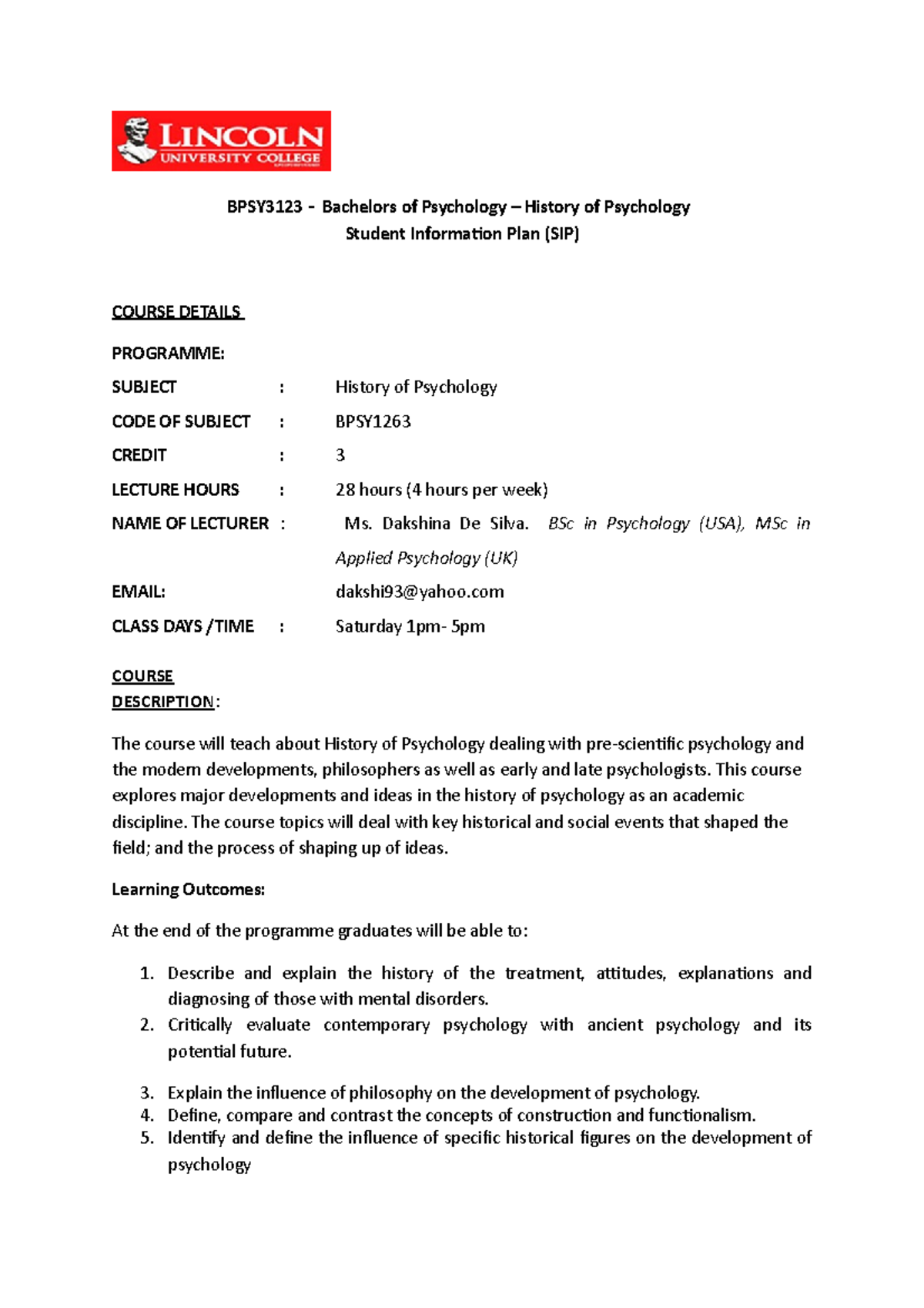 History Of Psychology SIP BPSY3123 Bachelors of Psychology