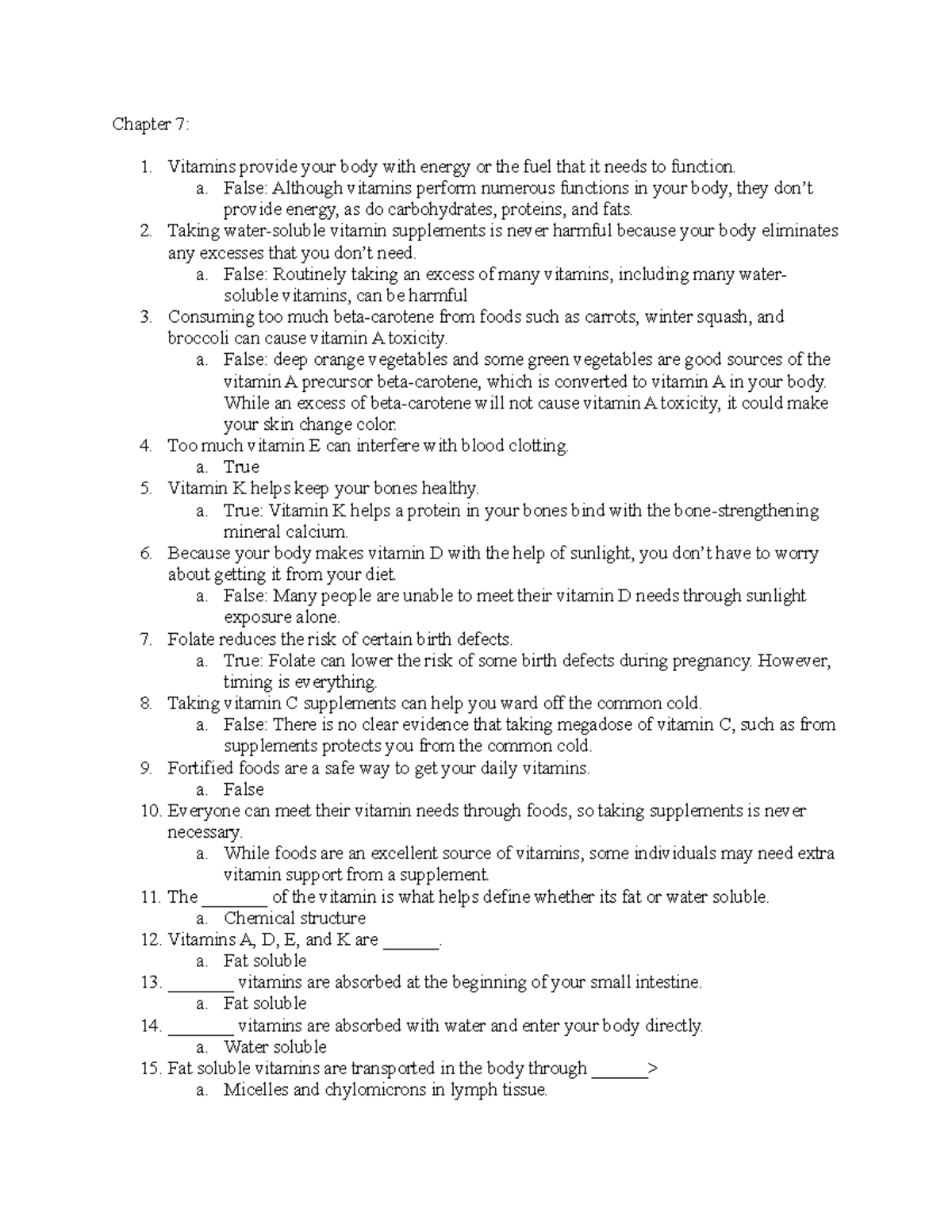 Study Guide 7, 8, 9 Chapter 7 Vitamins provide your body with energy
