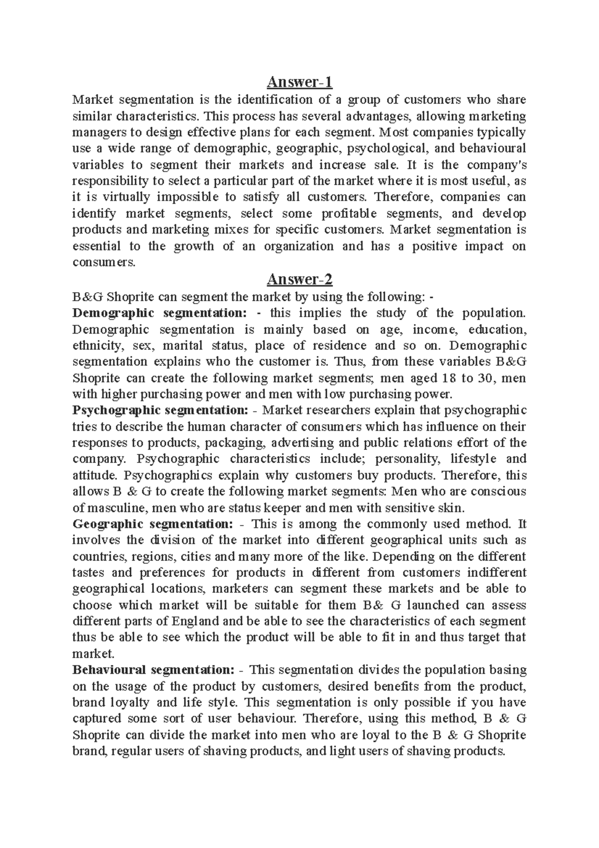 Marketing management - Assignment - Answer- Market segmentation is the ...