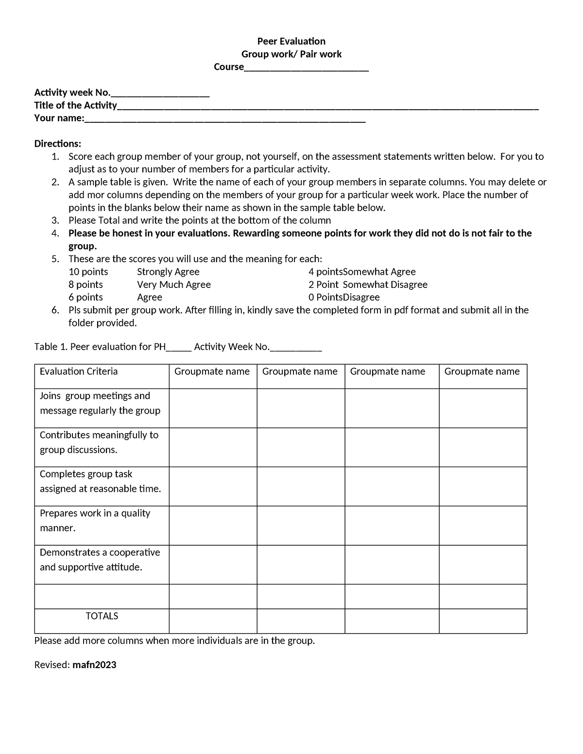 Peer-Evaluation-form - Peer Evaluation Group work/ Pair work Course