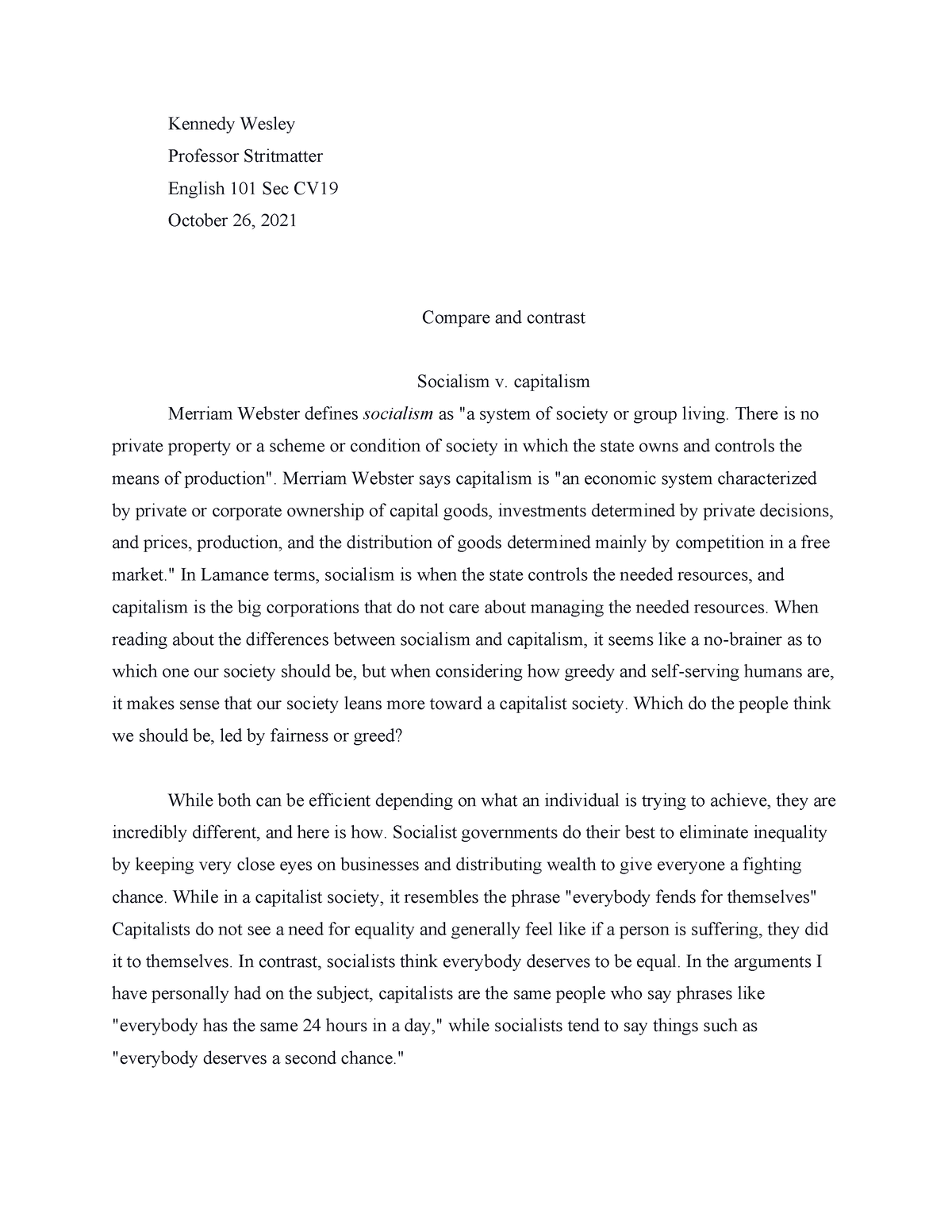 compare and contrast capitalism and socialism essay