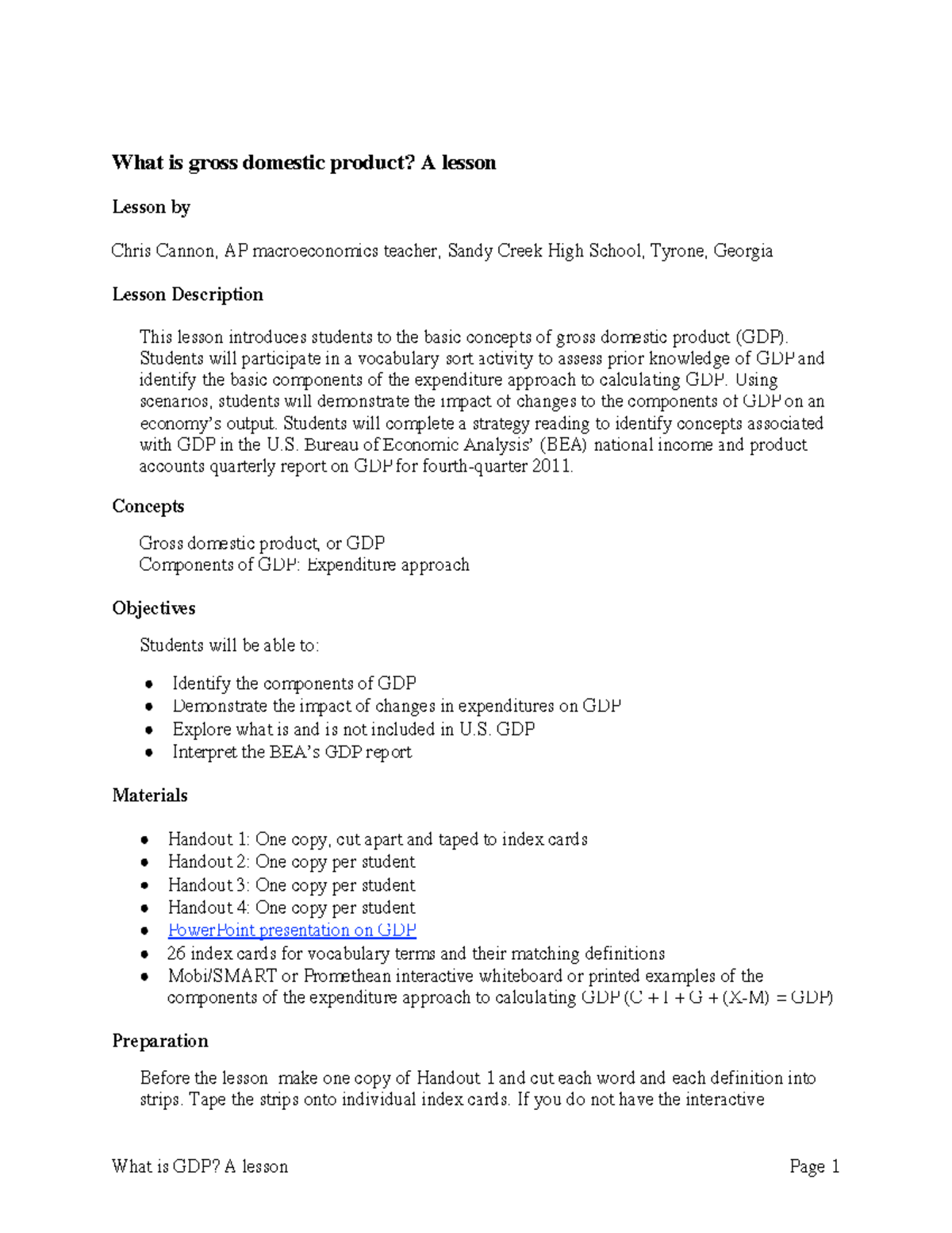 Lesson Plan - Classwork/Summaries - What Is Gross Domestic Product? A ...