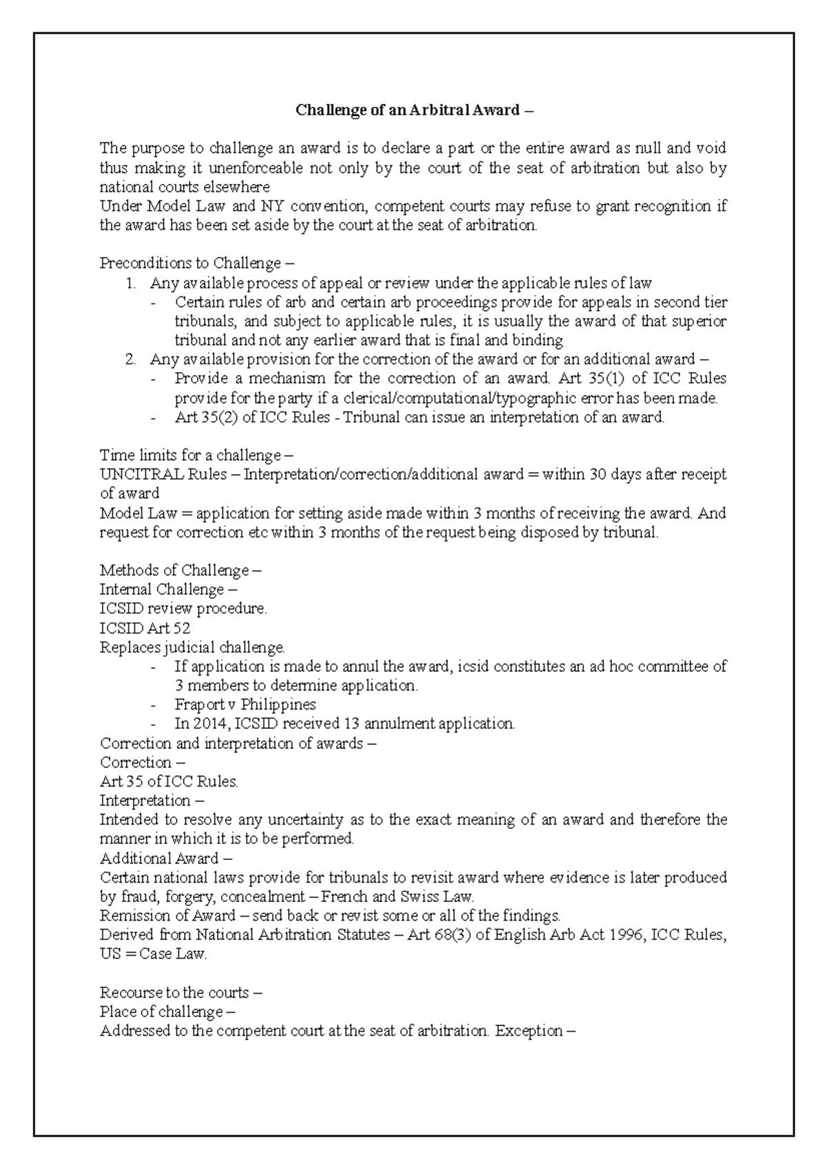 Week 8 Summary - Challenge of an Arbitral Award – The purpose to ...