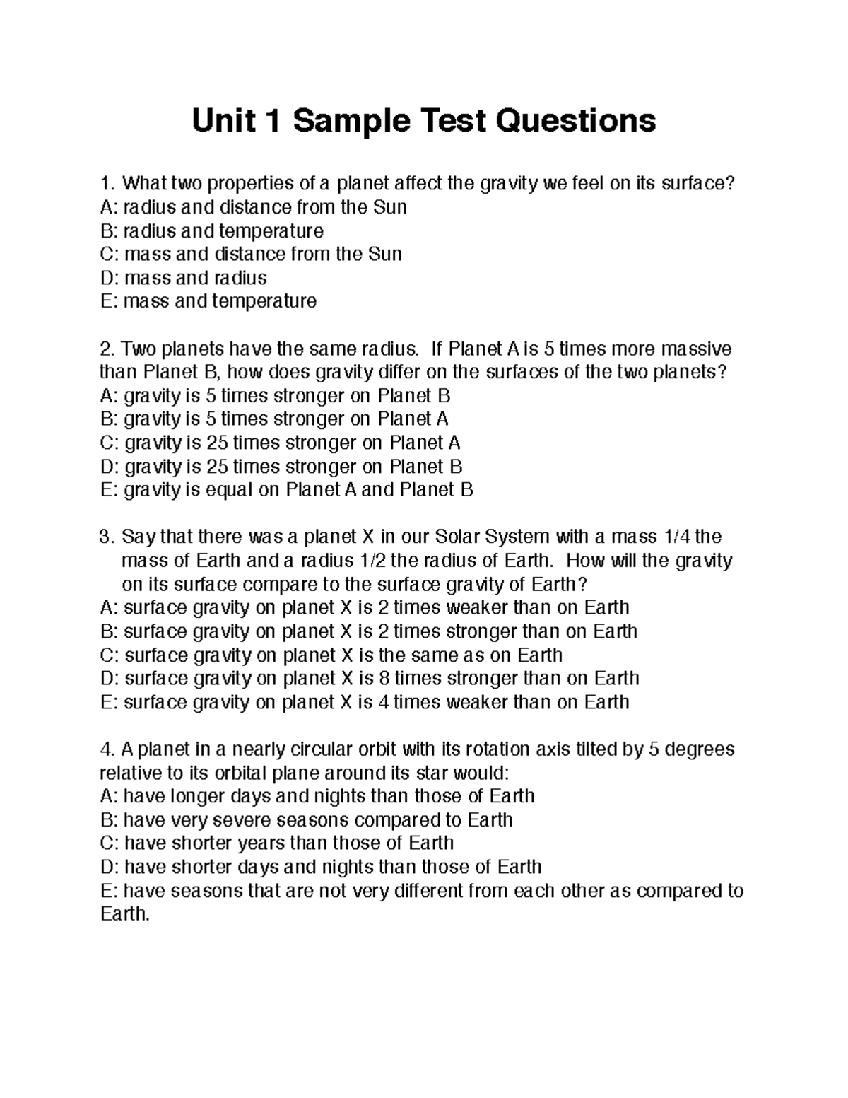 Astro 001 Test 1 - Unit 1 Sample Test Questions 1. What Two Properties ...