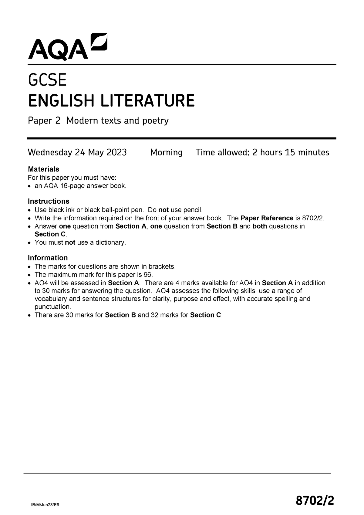 English literature 2023 poems - IB/M/Jun23/E 9 8702/ Wednesday 24 May ...